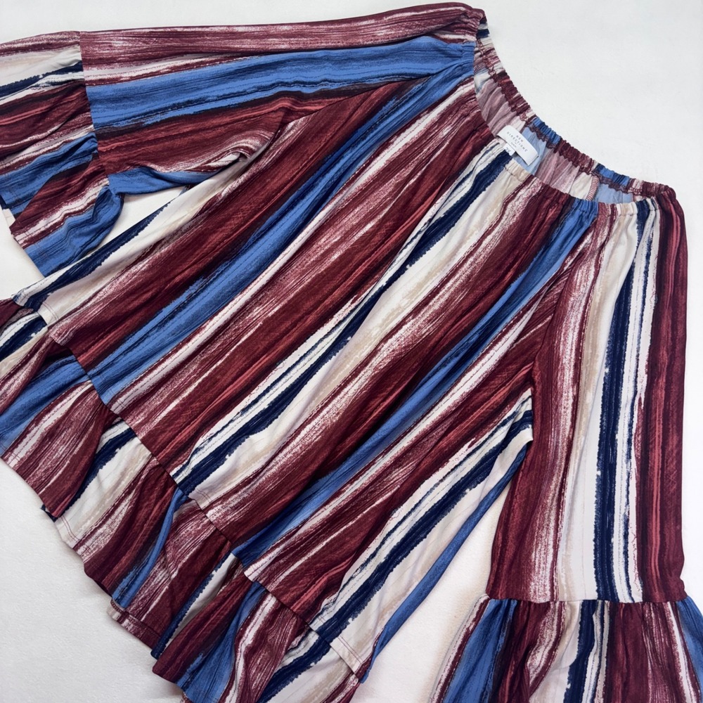 New Directions Curvy 3X‎ Boho Striped Ruffle Off Shoulder Bell Sleeve Top Boho